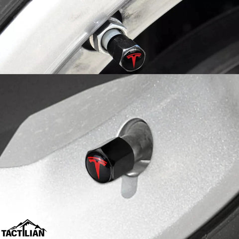 Tesla Model 3 S X Y Tire Valve Stem Caps Matte Black Aluminum With Rubber O Rings Leakproof Valve Covers on wheel