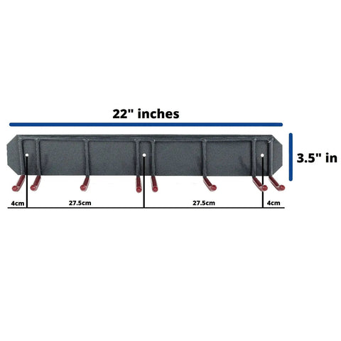 Heavy Duty Wall Mounted Ski And Gear Rack For Garage Storage with hooks, 22 inches wide, black metal, weatherproof design.