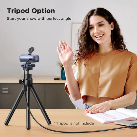 Smiling woman using 2K 30FPS Ultra HD PC Webcam With Dual Microphones Privacy Cover USB Plug And Play Streaming Camera on tripod