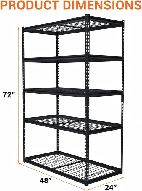 Beefy 5 Tier Garage Shelving Unit With 2500 Lbs Capacity, Heavy Duty Metal Storage Racks For Garage Basement And Workshop, 48 Inch L By 24 Inch D By 72 Inch H, Adjustable Utility Shelving For Maximum Organization. Black metal 5-shelf rack, 48x24x72 inches