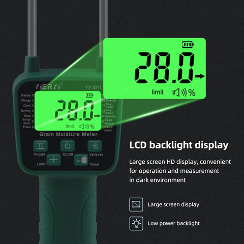 Portable Grain Moisture Meter With LCD Display And Dual Steel Probes, High Precision Hay Moisture Tester For Rice Wheat Corn And 14 Other Crops, Voice Broadcast Alerts, User Friendly And Ergonomic Anti Slip Handle, backlit screen