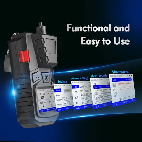 Pro Grade All In One 4 Gas Monitor With Pump Portable Gas Detector for CO O2 H2S and LEL featuring LCD display and settings.