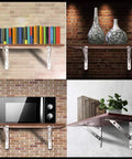 Rock Solid 2 Pack Triangle Shelf Brackets Crafted From Heavy Duty Stainless Steel Featuring A Slick Brushed Silver Finish And Integrated Mounting Holes For Effortless Wall Mount Storage And Nifty Garage Organization styled with books and decorative vases on shelves.