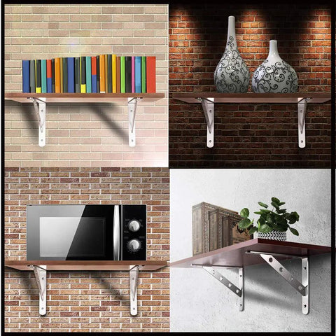 Rock Solid 2 Pack Triangle Shelf Brackets Crafted From Heavy Duty Stainless Steel Featuring A Slick Brushed Silver Finish And Integrated Mounting Holes For Effortless Wall Mount Storage And Nifty Garage Organization styled with books and decorative vases on shelves.