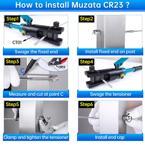 Step-by-step installation guide for 60 Pack One Eighth Inch Cable Railing Hardware Kit With Hand Swage Threaded Stud Tensioners For 2x2 Metal Posts Stainless Steel Deck Cable Railing System CR23 Easy Setup Beefy Build Weatherproof Kit For Outdoor Balustrade.