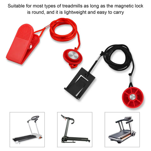 Two Pack Universal Treadmill Magnetic Safety Keys with Emergency Stop Lock showing red and black keys, durable ABS construction, and strong magnets