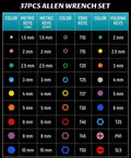 Chart showing Rainbow Hex Key Set with Ball End and Torx 37-Piece sizes and colors