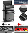Beefy 8-Drawer Rolling Tool Chest With Wheels 42 Inch Heavy Duty Steel Cabinet Detachable Top Toolbox Hooks Liners Tray Dividers Premium Rolling Tool Box For Garage, Workshop, Warehouse, Black open with drawer liners