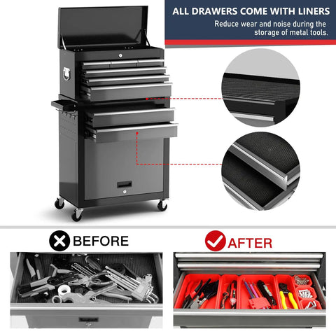 Beefy 8-Drawer Rolling Tool Chest With Wheels 42 Inch Heavy Duty Steel Cabinet Detachable Top Toolbox Hooks Liners Tray Dividers Premium Rolling Tool Box For Garage, Workshop, Warehouse, Black open with drawer liners