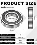 Product dimensions of 6208-2RS Deep Groove Ball Bearing 40x80x18 mm with load ratings and specifications, chrome steel construction.