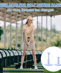 Woman golfer with Two Pack Adjustable Golf Tees For Driving Range And Golf Simulators, Reusable PU Tees