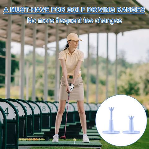 Woman golfer with Two Pack Adjustable Golf Tees For Driving Range And Golf Simulators, Reusable PU Tees