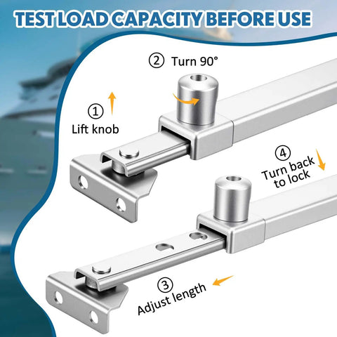 Heavy Duty Stainless Steel Boat Hatch Lid Stay Rod And Adjustable Marine Window Holder shown adjusting length and mounting details.