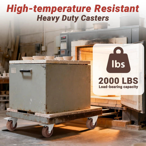 Heavy Duty 4 Inch Casters Set Of 4 With Brakes, 2000 Lbs Load Capacity, Glass Filled Nylon Wheels, High Temperature Castors For Workbench And Industrial Use, Reliable In -40 To 475 Fahrenheit, installed on cart near industrial oven, side view