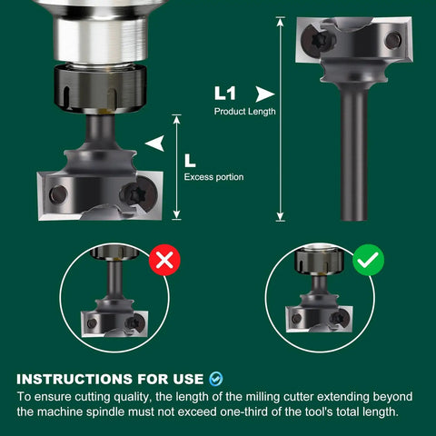 Beefy Spoilboard Surfacing Router Bit With One Quarter Inch Shank And One Inch Cutting Diameter, Four Wing Precision Flattening Bit For Woodworking, shown with usage instructions and size details.