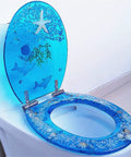 Universal Soft Close Toilet Seat Top Notch Euroresin Construction With Quick Release Hinges featured in blue ocean theme design.