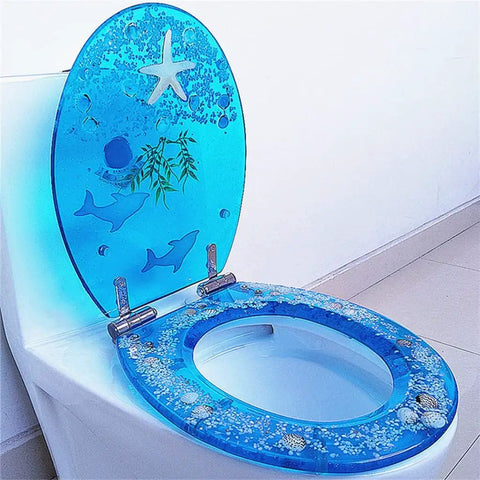 Universal Resin Toilet Seat Featuring Ultra Smooth Slow Close Lid And Quick Pop Cover with blue ocean-themed design.