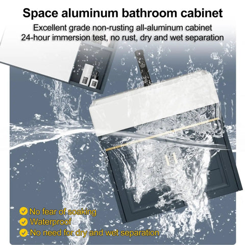 Space aluminum bathroom cabinet immersed in water, showcasing waterproof features and non-rusting design.