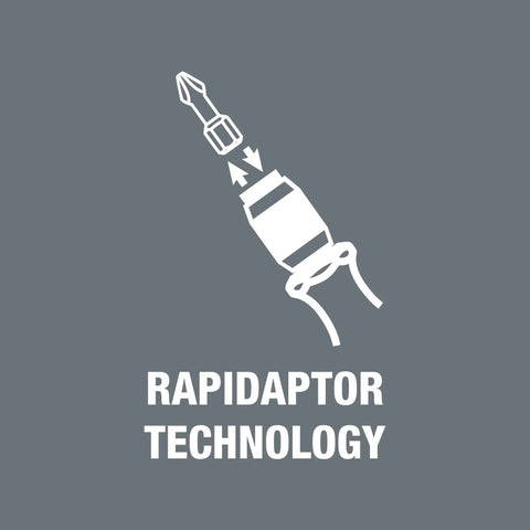 Diagram of Rapidaptor technology for Kraftform Kompakt 20 7-Piece Bit Kit With Pouch, showing quick-release mechanism.