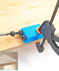 Close-up of Pocket Hole Jig Kit For 15 Degree Woodworking, 14 Pcs Set with drill guide clamped on wood showing angled holes.