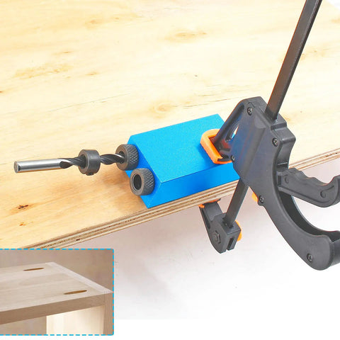 Close-up of Pocket Hole Jig Kit For 15 Degree Woodworking, 14 Pcs Set with drill guide clamped on wood showing angled holes.