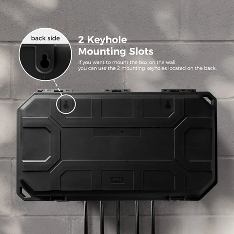 Beefy Heavy Duty Outdoor Electrical Junction Box IP54 Weatherproof Rain Shield showing 2 keyhole mounting slots on back, matte black.