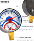 Thermal Pressure Gauge 0-160 Psi With 30-250 F Range, 1/4 NPT Lower Mount, 2.5 Inch Dial, Brass Connection, Red Reset Pointer