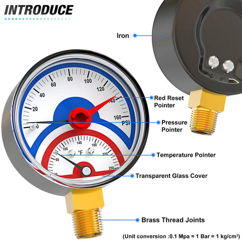 Thermal Pressure Gauge 0-160 Psi With 30-250 F Range, 1/4 NPT Lower Mount, 2.5 Inch Dial, Brass Connection, Red Reset Pointer