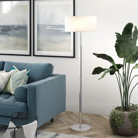 Two Light Floor Lamp With Fabric Shade In Cool Gray And Polished Nickel For Home Office Bedroom And Living Room 61 Inch Tall Modern Floor Lamp Perfect For Reading Nooks And Sofas, positioned next to a sofa in a modern living room.