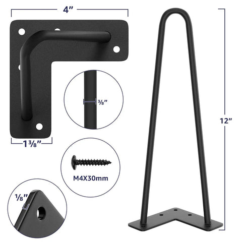 12 Inch Heavy Duty Hairpin Furniture Legs Set Of Four Metal DIY Desk Nightstand And Coffee Table Legs With Rubber Floor Protectors