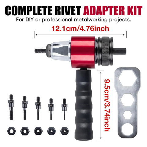 Turn Any Drill Into A Power Rivet Gun With This M3 To M8 Electric Rivet Nut Adapter Kit showing adapter, mandrels, wrench