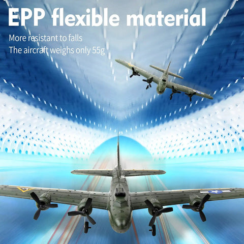 B-17 Bomber RC Airplane Dope 2 Channel Foam Glider With 2.4GHz Remote, lightweight EPP, in flight with text highlighting material.