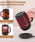 Smart Self Heating Coffee Mug With Precise Temperature Control And Marathon Battery Life, burgundy color, showcasing vacuum sealing technology.
