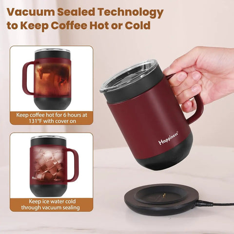 Smart Self Heating Coffee Mug With Precise Temperature Control And Marathon Battery Life, burgundy color, showcasing vacuum sealing technology.
