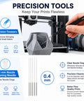 Top Shelf 3D Printer Tool Kit Featuring Slick Nozzle Cleaning Brushes And Heavy Duty Clog Poke Needles For spotless hotend care, precision tweezers and 0.4mm cleaning needles.