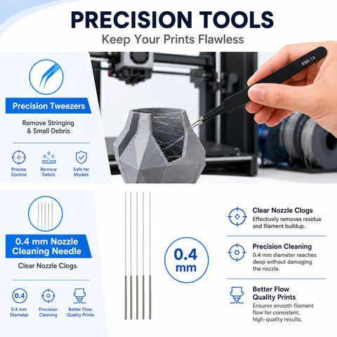 Top Shelf 3D Printer Tool Kit Featuring Slick Nozzle Cleaning Brushes And Heavy Duty Clog Poke Needles For spotless hotend care, precision tweezers and 0.4mm cleaning needles.