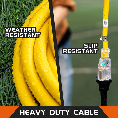 Weatherproof Indoor Outdoor Extension Cord With Lighted End Yellow 12 Gauge 15Ft 3 Prong Heavy Duty SJTW Power Cable in use