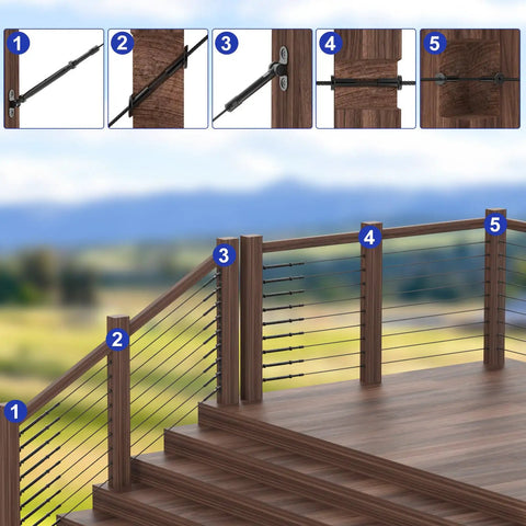 500 Ft Black Stainless Steel Cable Sleek Dope Look One Eighth Inch T316 Marine Grade Wire Rope Seven By Seven Strand For Deck Railing And Balustrades With 1850 Lb Breaking Strength Aircraft Cable For Indoor Outdoor Use shown in deck installation.