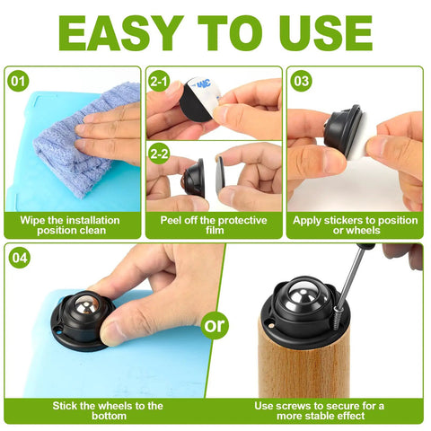 Installation instructions for Peel And Stick Caster Wheels For Sliding Heavy Couches And Cabinets Smooth Self Adhesive Rollers.