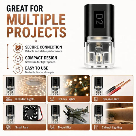 Eighty Piece No Strip Solderless Wire Connectors Rapid Push In Terminal Block D2 connector for LED strip lights and small fans.