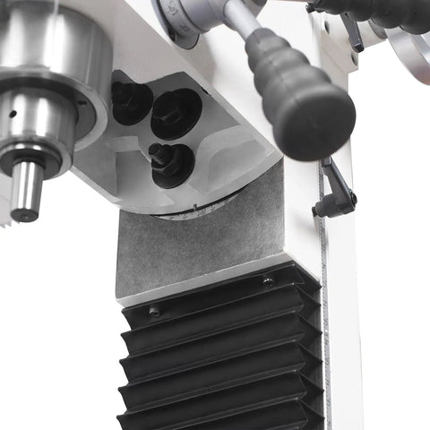 Close-up view of Rock Solid Benchtop Mini Mill Drill Machine featuring R8 spindle and digital controls for precision metalworking.