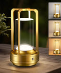 Rechargeable Cordless Table Lamp With Three Color Stepless Dimmer LED Metal Battery Operated Lantern on wooden surface