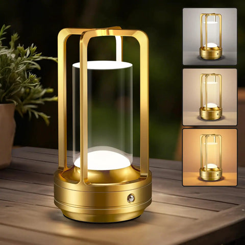 Rechargeable Cordless Table Lamp With Three Color Stepless Dimmer LED Metal Battery Operated Lantern on wooden surface