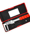 Digital Disc Brake Rotor Caliper with Large LCD Screen in red storage case, featuring measuring tools and clear display.