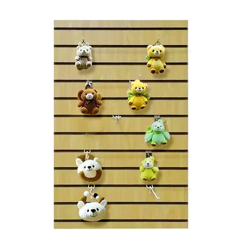 Maple Color 24 By 36 Slatwall Panel For Retail Store Garage Or Home Display with stuffed animals hanging on slots