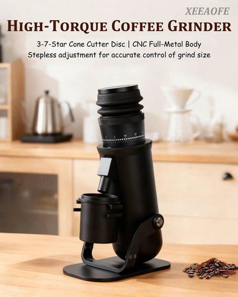 Top Tier Single Dose Coffee Grinder Featuring A Heavy Duty Aluminum Build And Premium 48MM Conical Burr With Sixty Step Micro Adjustments For Next Level Espresso Pulls And Zero Waste Grounds on wooden countertop.
