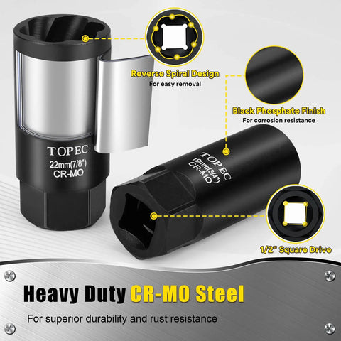 Deep Lug Nut Removal Tool Set Beast With Half Inch Drive, 6 Piece Lug Nut Extractor with reverse spiral design and CR-MO steel
