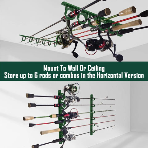 Vertical And Horizontal Fishing Rod Holder Set For Wall, Ceiling, Or Garage, Holds Up To 6 Rod And Reel Combos, Grooved Slots, Green