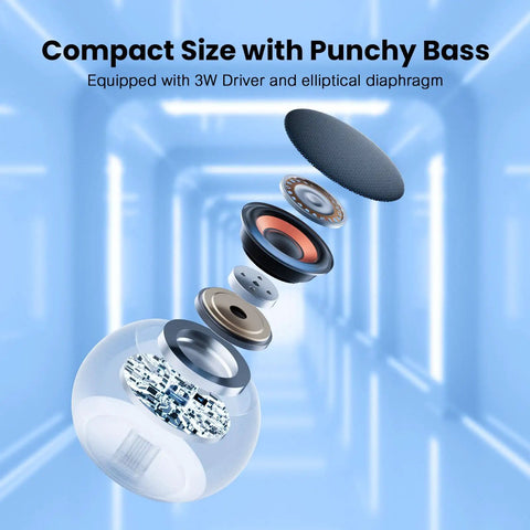 Exploded view of Pocket Bluetooth Speaker With Big Bass, showing internal components like 3W driver and elliptical diaphragm.