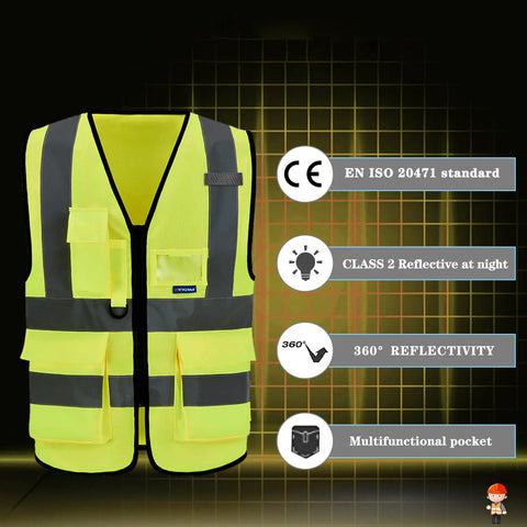 Five Pack Hi Vis Construction Vests Size XXL With 7 Pockets And 360 Degree Reflective Strips Lightweight 100 Percent Polyester